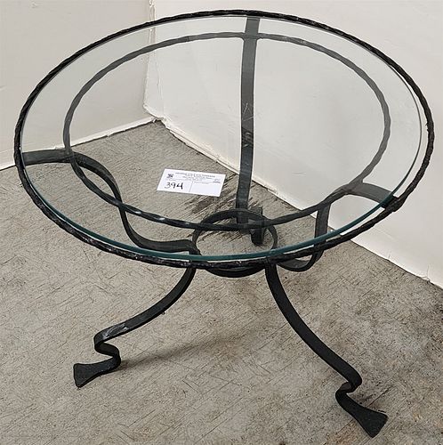 WROUGHT BASE GLASS TOP PATIO TABLE 18"H X 21"DIAM.