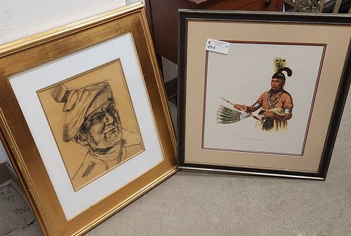 LOT 2 FRAMED ITEMS CHARCOAL SELF PORTRAIT SGND. SAM REIN & LITHO OF INDIAN NAW-KAW ON WOOD