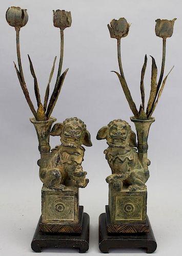 Early Antique Chinese Food Dog Statues on Stand