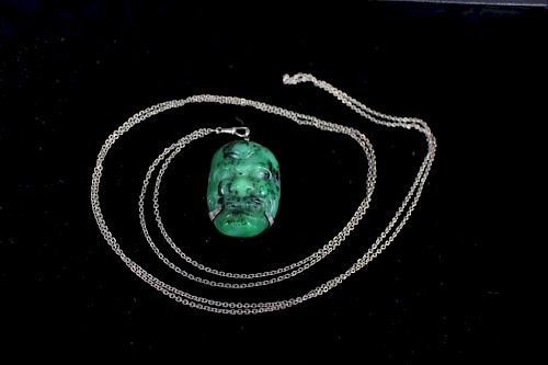 Carved Jade Head Mounted in Sterling Necklace