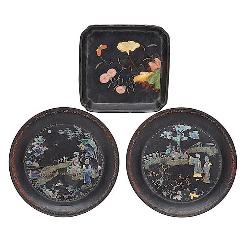 KANGXI PERIOD LACQUERED DISHES 清康熙螺鈿漆盤