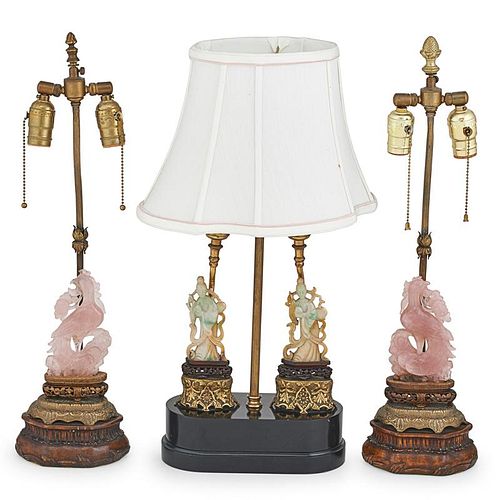 CHINESE CARVED HARDSTONE LAMPS 玉石雕刻台燈一組