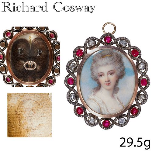 RICHARD COSWAY (1742-1821). MAGNIFICENT AND AMAZING RUBY AND DIAMOND
FRAMED PORTRAIT MINIATURE.