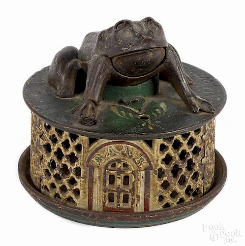 Cast iron Frog on Lattice mechanical bank, manufactured by J. & E. Stevens Co.