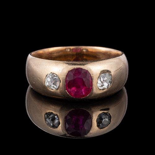 ANTIQUE 14K YELLOW GOLD, DIAMOND, AND RUBY LADY'S GYPSY RING