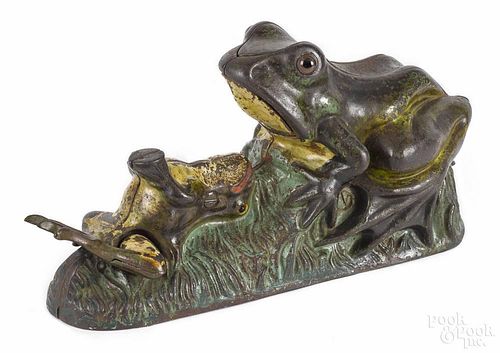 Cast iron Two Frogs mechanical bank, manufactured by J. & E. Stevens Co.