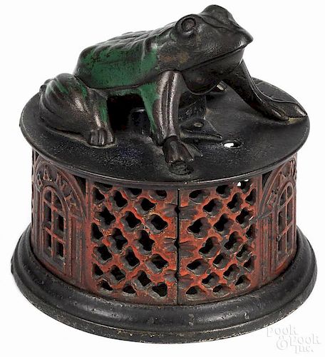 Cast iron Frog on Lattice mechanical bank, manufactured by J. & E. Stevens Co.