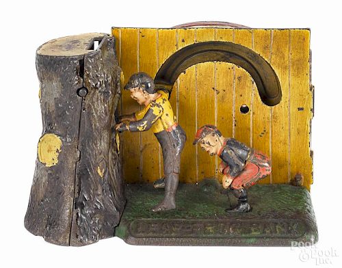 Cast iron Leap Frog mechanical bank, manufactured by Shepard Hardware Co.