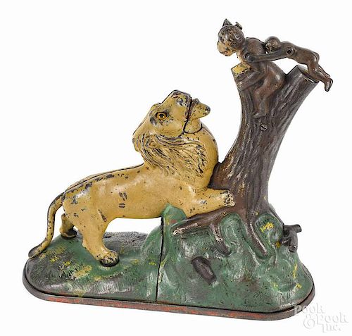 Cast iron Lion and Two Monkeys mechanical bank, manufactured by Kyser & Rex.