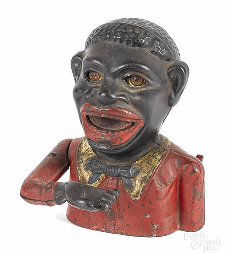 Cast iron Jolly Black Man mechanical bank, manufactured by Shepard Hardware Co.