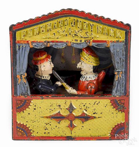 Cast iron Punch and Judy mechanical bank, manufactured by Shepard Hardware Co.
