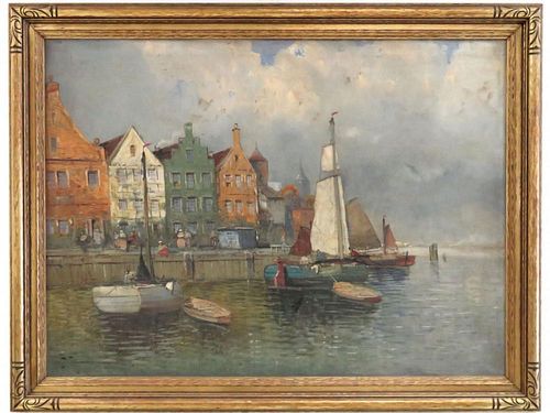 Large Frederick Wagner (1864 - 1940) Harbor Scene