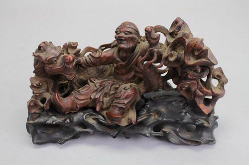 Antique Carved Chinese Man w/ Dragon on Stand
