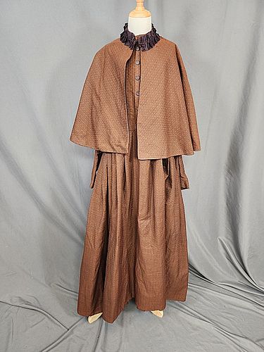Antique 19th Century Brown Wool Dress, Cape