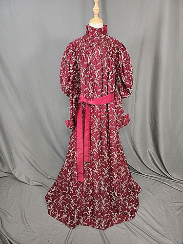 Antique c1890 Cotton Claret Print Dress