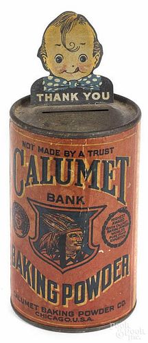Calumet tin and cardboard advertising still bank, 5 1/2'' h.