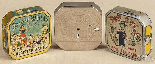 Three tin dime banks, to include Popeye, Snow White, and Wonderland of Knowledge, 2 1/2'' h.