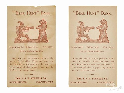Two sepia tone Bear Hunt mechanical bank trade cards, 5 1/2'' x 3''.