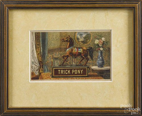 Trick Pony mechanical bank trade card, 3 1/4'' x 5''.
