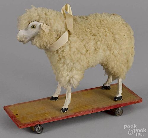 Stick leg sheep pull toy, early 20th c., 9 1/2'' h., 11'' l.