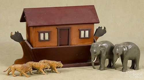 Painted pine Noah's Ark, 20th c., 13'' h., 22'' l., together with a group of large painted animals