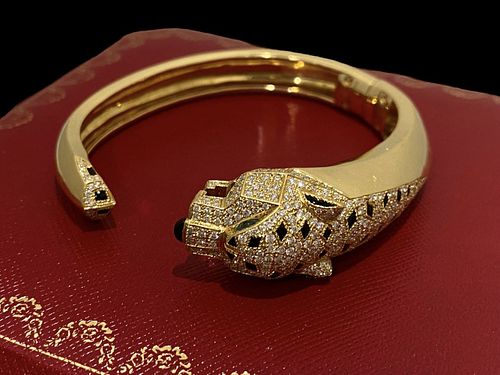 Cartier 18K Yellow Gold & Diamonds Panthere Cuff Bangle Bracelet