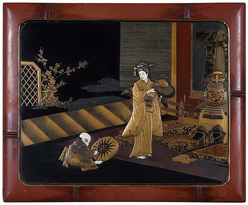 Fine Japanese Lacquer Panel Depicting Geisha with Samurai Objects