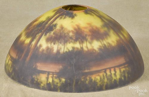 Reverse painted lamp shade, early 20th c., 8 1/2'' h., 17 1/2'' dia.