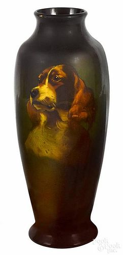 Roseville art pottery Rozane ware vase, early 20th c., with a hound portrait, signed and dated