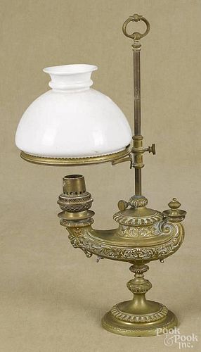 Brass Aladdin lamp, 19th c., with a milk glass shade, 21 1/2'' h.
