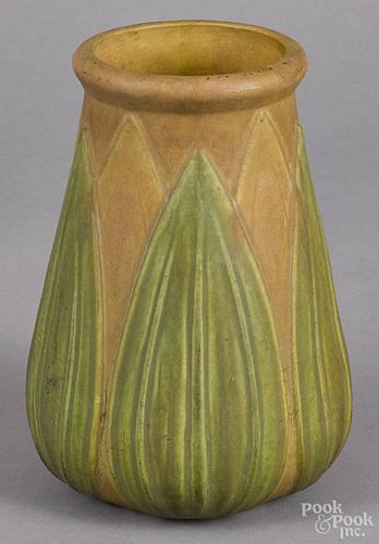 Art pottery vase, ca. 1900, with overlapping leaves, 9 3/4'' h.