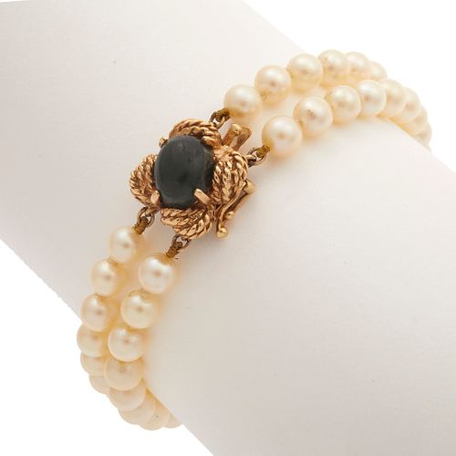 Cultured Pearl, Nephrite, 14k Yellow Gold Bracelet