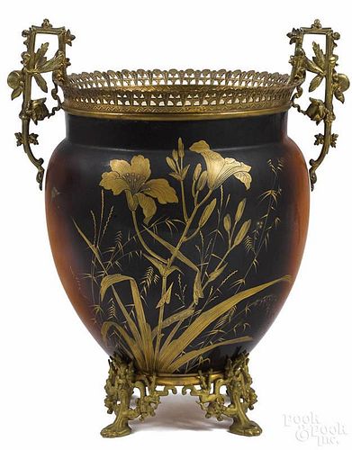 Brass mounted pottery cache pot, ca. 1900, 15'' h.