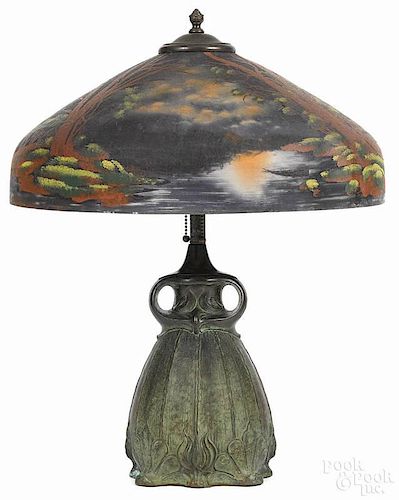 Bronze Pittsburgh ''Call of the Wild'' table lamp, early 20th c., 22 1/4'' h., 17 3/4'' dia.