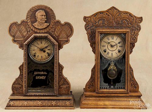 Ingraham Admiral Dewey oak mantel clock, ca. 1900, 23'' h.
