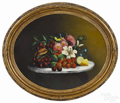 Oil on board still life, 19th c., depicting a fruit and floral arrangement on a marble top table