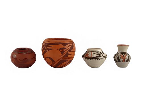 NO RESERVE Group of 4: 1 Santa Clara Jar with Avanyu Design by Annie Baca (b. 1941), 1 Hopi Jar, by Barbara Polacca, 1 Hopi Vase, and 1 Hopi Jar by Je
