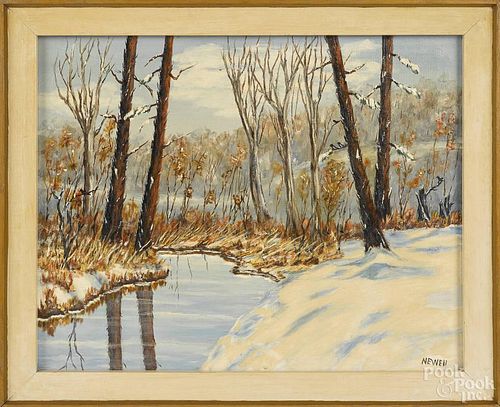 Oil on canvas winter landscape, signed Newell, titled An Early Thaw, 20'' x 16''.