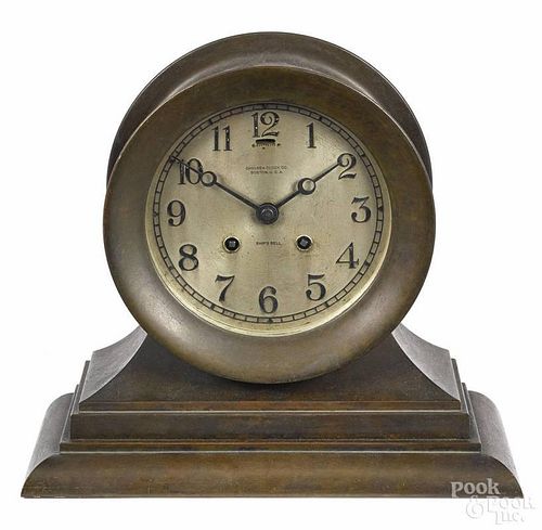 Chelsea Clock Co. brass Ships Bell mantel clock, early 20th c., 9 3/4'' h.