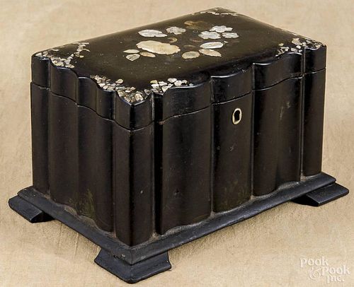 Regency black lacquered tea caddy, 19th c., with mother of pearl inlay, 5'' h., 8 1/2'' w.