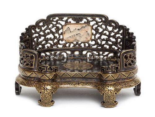 A Gilt Decorated Black Glazed Porcelain Stand Length 6 inches.