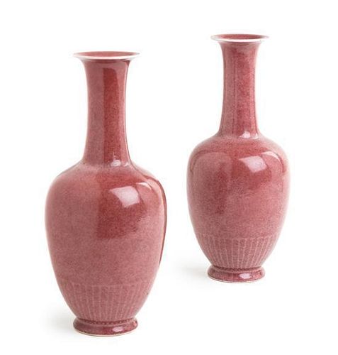 A Pair of Peachbloom Glazed Porcelain Chrysanthemum Vases Height 7 1/2 inches.