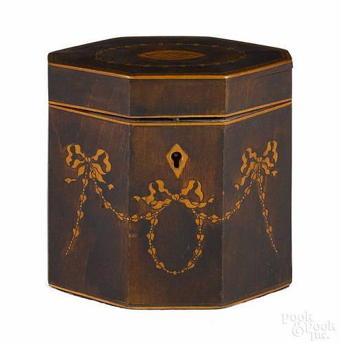 Federal style mahogany inlaid tea caddy with conch shell and drape inlay, 5'' h., 5'' w.