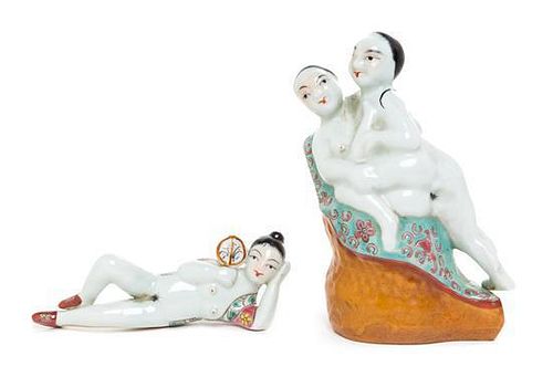 Two Famille Rose Porcelain Erotic Figures Height of larger 4 3/4 inches.