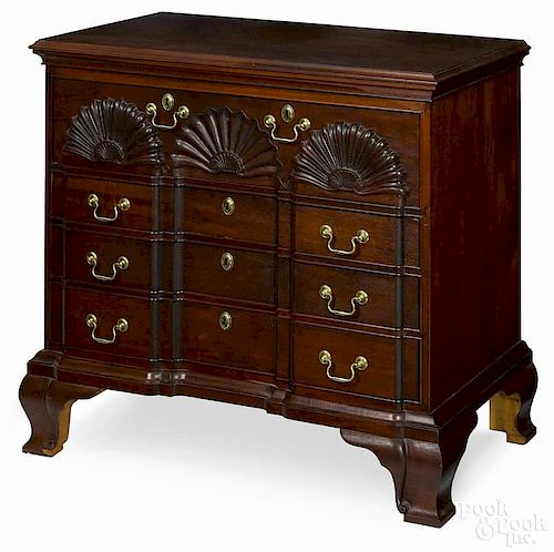 Cabinet made mahogany Newport block front chest of drawers, 20th c., with shell carving, 33'' h.