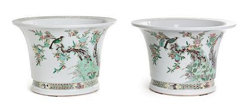 A Pair of Famille Verte Porcelain Jardinieres Height of taller 9 inches.