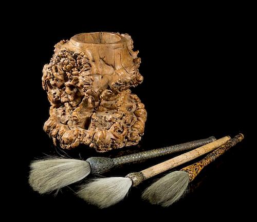 A Large Burlwood Root-Form Brush Pot Height of brush pot 9 inches.