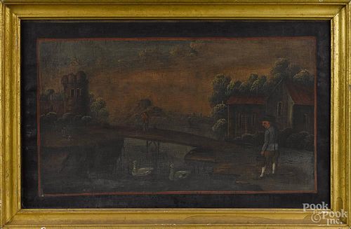 Continental oil on canvas landscape, early 19th c., depicting a gentleman near a bridge and swans