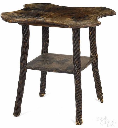 Unusual Adirondack twig lamp table, ca. 1900, with a scalloped top, 29'' h., 29'' w.