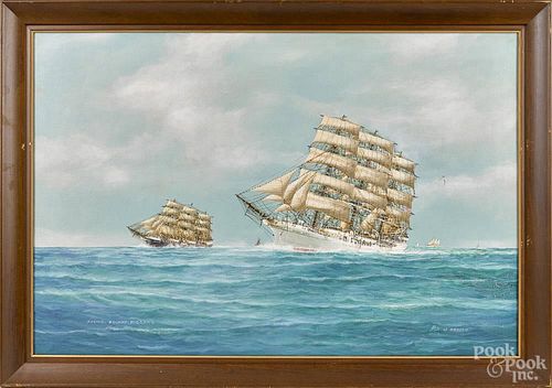 John Arnold (American 20th c.), oil on canvas portrait of sailing ships